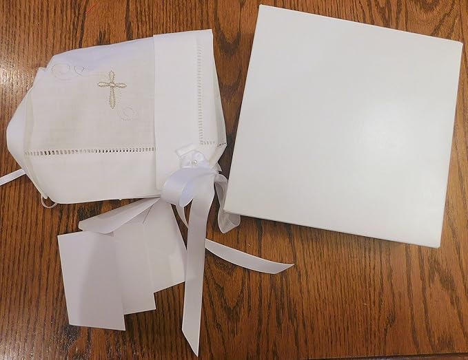 Integrity Designs Baby Linen Keepsake Cross Embroidered Handkerchief Christening/Baptism Bonnet and Gift Card with Envelope