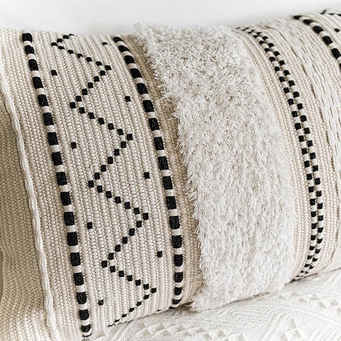 BlissBlush 12x20 Lumbar Pillow Cover, Cream Neutral Rectangular Decorative Cushion Cover with Black Pattern, Cotton Boho Accent Pillowcase with Tassels for Couch Sofa Living Room (Cover Only)