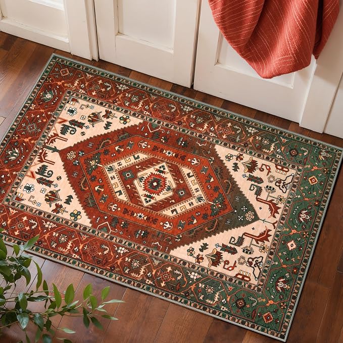 SERISSA Boho Rugs for Entryway, 2x3 Washable Non-Slip Rug Small Area Rug, Ultra Soft Oriental Vintage Terracotta Green Low-Pile Indoor Door Mat Floor Carpet for Entrance Bedroom Kitchen Bathroom