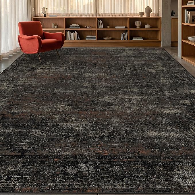 TALANOVA Modern Farmhouse Black Washable 9x12 Area Rug for Living Room & Dining Room, Abstract Non Slip Low Pile Rug for Bedroom, Dark Charcoal Stain Resistant Large Décor