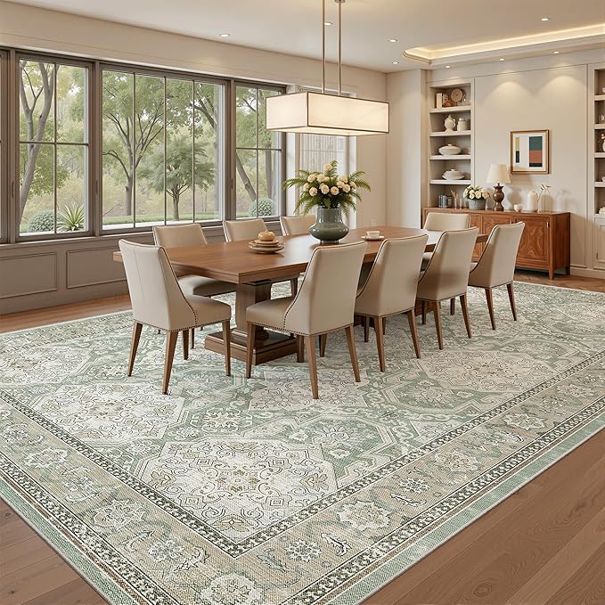 Soalmost 9x12 Area Rugs for Living Room, Non Slip Machine Washable Vintage Rugs, Low Pile Lightweight Large Rug for Bedroom, Dining Room, Home Office Green/Brown