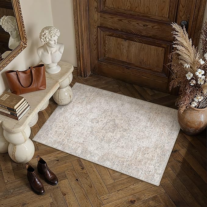 HUGEAR Entryway Area Rugs 2x3 Washable Rug Beige Vintage Rug Carpet Low Pile Non Slip No Shedding Soft Durable Indoor Bedroom Kitchen Home Decor Floor Mat