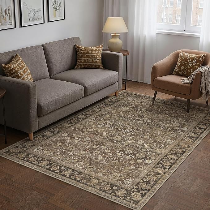 HUGEAR 4x6 Machine Washable Rugs Brown Hallway Area Rug Indoor Accent Rug Floral Low Pile Carpet Soft Throw Rug Bedroom Living Room Office Dining Room Kitchen Laundry Room Non Slip