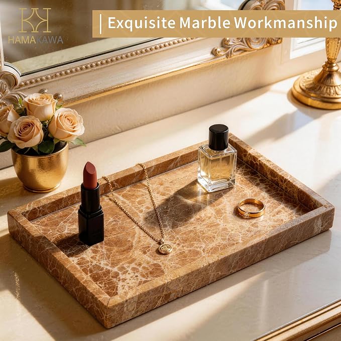 Large Bathroom Vanity Tray, Real Natural Marble Tray 12 inch, Emperador Light Marble Stone Toilet Tank Trays, Modern Dresser Trays, Countertop Organizer for Kitchen Counter, Soap Dispenser