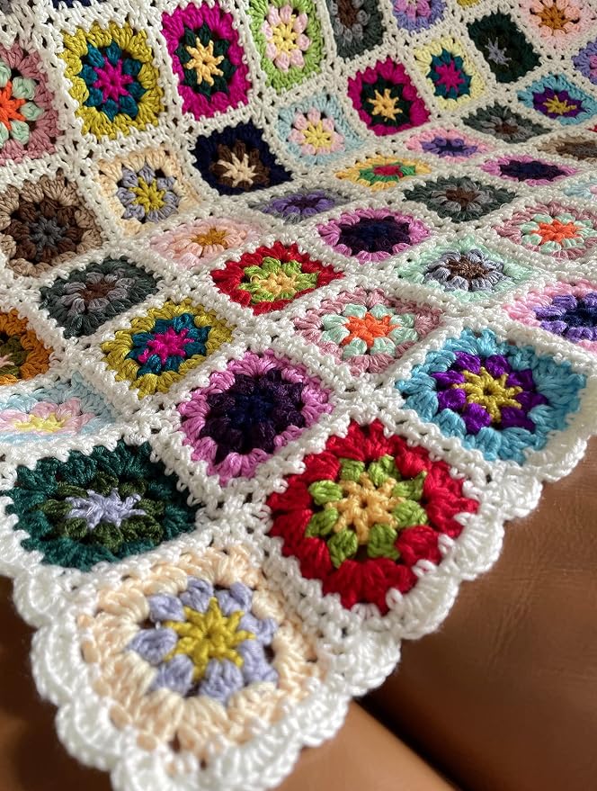 RISEON Handmade Granny Square Crochet Throw Blanket Sweater Style Mat, crochet quilt, multicolor Boho Travel Accent Decor Throw for Sofa Comforter Couch Bed Recliner Living Room Bedroom 47" x47"