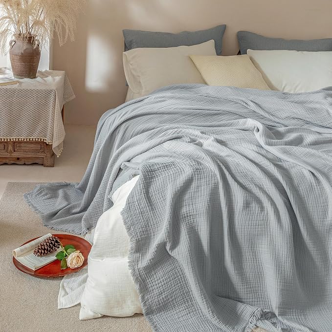 Muslin Fringe Blankets for Adults: 100% Cotton Cloud Soft | 4-Layer Gauze Breathable Lightweight All Season Throw Blanket for Bed Couch Sofa Office