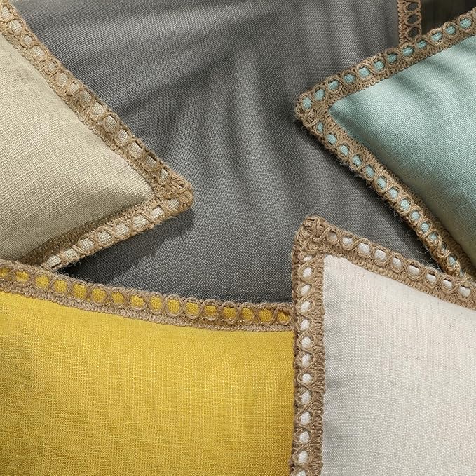Phantoscope Pack of 2 Farmhouse Decorative Solid Throw Decorative Pillow Cover Burlap Linen Trimmed Tailored Edges, Oatmeal 26 x 26 inches 65 x 65 cm