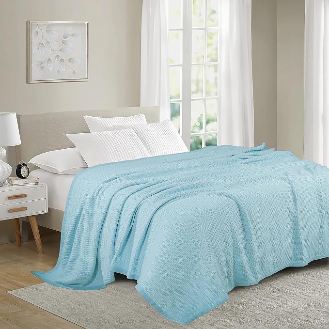 TreeWool Premium 100% Cotton Waffle Queen Blanket (90"x90", Light Blue) | Breathable Lightweight Moisture Wicking Soft Knit Thermal Blanket for Summer, Bed or Sofa All-season Comfort Machine Washable