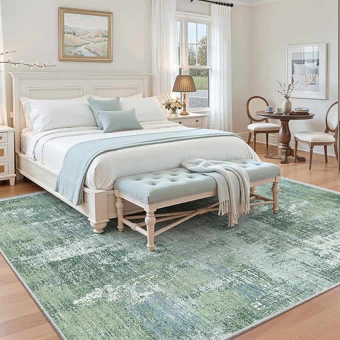 Valenrug Washable Rugs 6x9 - Ultra Thin Stain Resistant 6x9 Rugs for Living Room, Non Slip Backing 0.25" Low Pile Abstract Rugs for Bedroom, Folable Machine Washable Area Rug(6'x9', Sage Green)