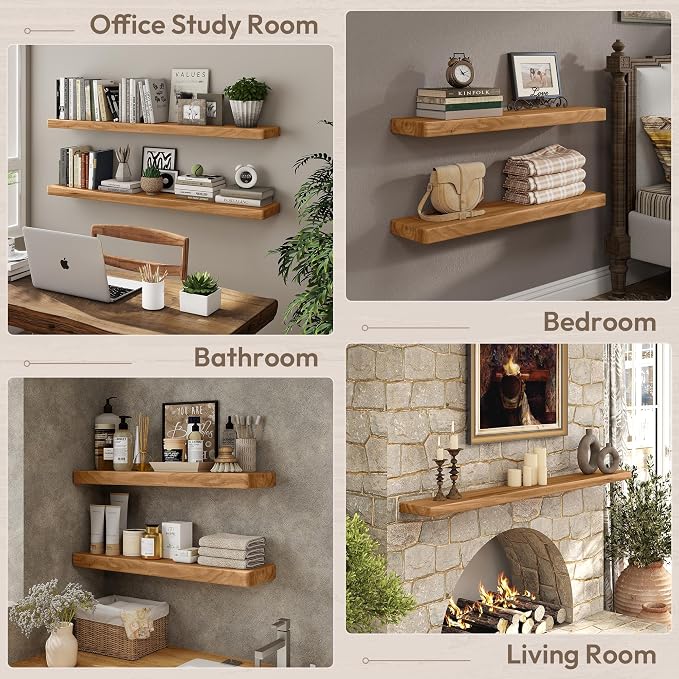 Marsmiles 72 inch Floating Shelves for Wall Solid Elm Wood Wall Mounted Shelves|Rustic Long Floating Shelves with Invisible Bracket for Bathroom Kitchen|Rounded Edge|Natural, 1 Pack