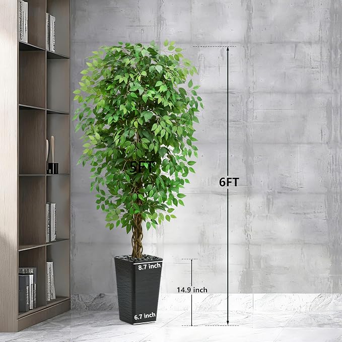 Artificial Ficus Tree 6FT Faux Floor Tree with Planter UV Resistant Potted Fake Silk Plant-Indoor Outdoor Lifelike Fake Ficus Tree for Home, Living Room Bedroom Topiary Tree