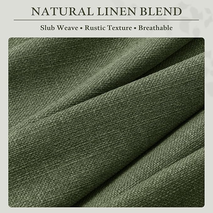 Olive Green 105 Inch Pinch Pleated Linen Curtains for Living Room with Hooks Rings Back Tab Light Filtering Boho Farmhouse Semi Sheer Forest Hunter Loden Green Curtain 105 Inch Length for Bedroom