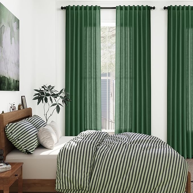 Green Linen Textured 96 Inch Curtains 2 Panel Set Back Tab Rod Pocket Sheer Light Filtering Boho Room Decor Aesthetic Curtains Burlap Look Curtain Drapes for Living Room Bedroom 8Ft 52x96 Inch