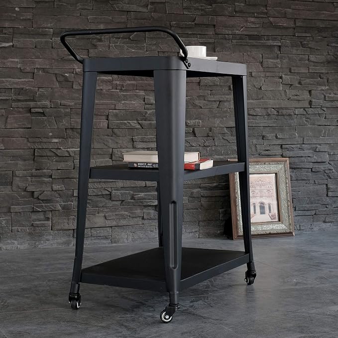 AC Pacific Harold 3-Tier Metal Rolling Cart with Swivel Rollers, Durable Utility Table on Wheels with Handle, All Metal Frame for Easy Mobility, Versatile Kitchen Stand for Bar or Serving Use, Black