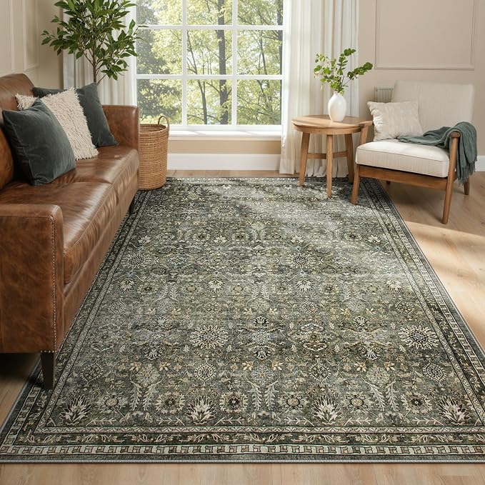 Lahome 5x7 Boho Bedroom Area Rug,Soft Vintage Washable Rugs for Living Room,Non Shedding Disdressed Floor Carpets for Home Decor Dining Room,Dark Olive Green | Disdressed Soft Non Shedding Floor Carpets for Dining Room
