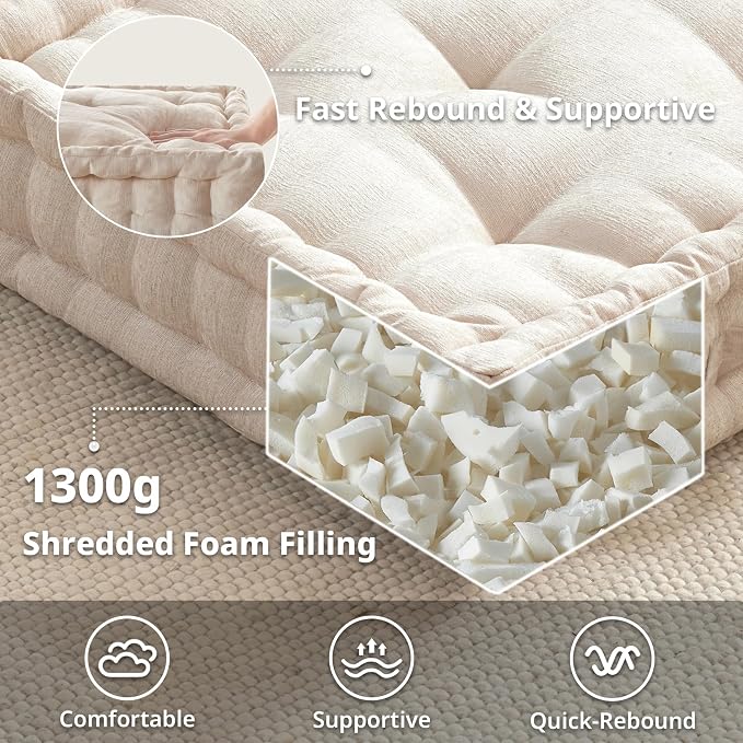 Intelligent Design Azza Floor Pillow, Large Cushions Sitting for Adults, Floor Pillow for Meditation or Yoga, Lustrous Chenille Tufted with Scalloped Edges for Bench/Chair Cushion, 24"x24"x5" Ivory