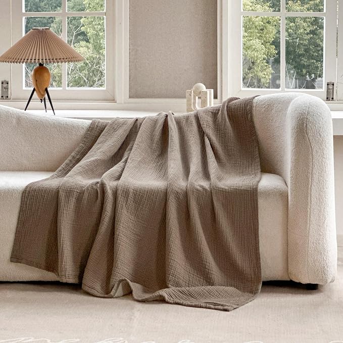 FALUCA Cotton Muslin Cooling Reversible Blanket 50x60 Inches for Bed, Couch, Four Layers Blanket, Soft Lightweight Cozy Breathable Farmhouse Decoration for Summer, Brown