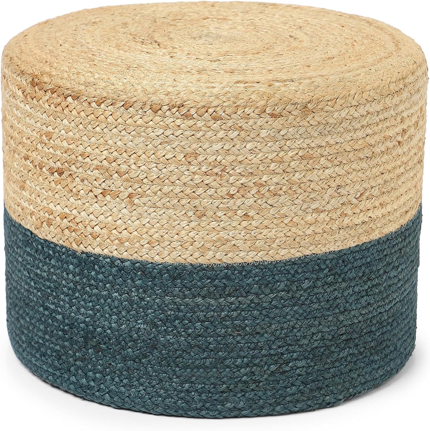 REDEARTH · Cylindrical Pouf Foot Stool Ottoman - Jute Braided Pouffe Poof Accent Sitting Footrest for Living Room, Bedroom, Nursery, Patio, Lounge & Other Rooms (Natural Teal, 18"x18"x14")