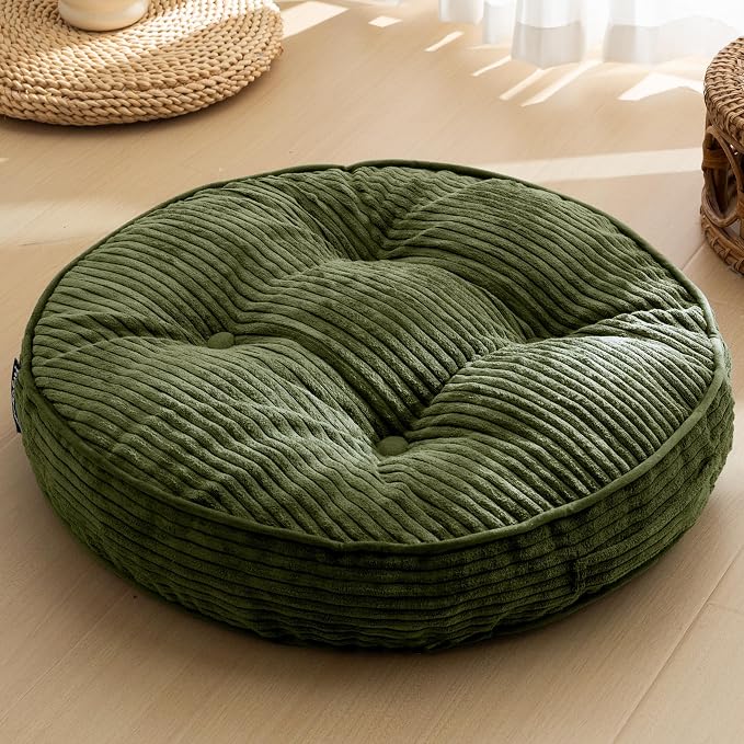 HIGOGOGO 4" Floor Pillow Cushion for Adults, Meditation Cushion Pillow, Large Round Floor Sitting, Tufted Corduroy Cover, for Tatami Living Room or Yoga, 22x22 Inch, Dark Green