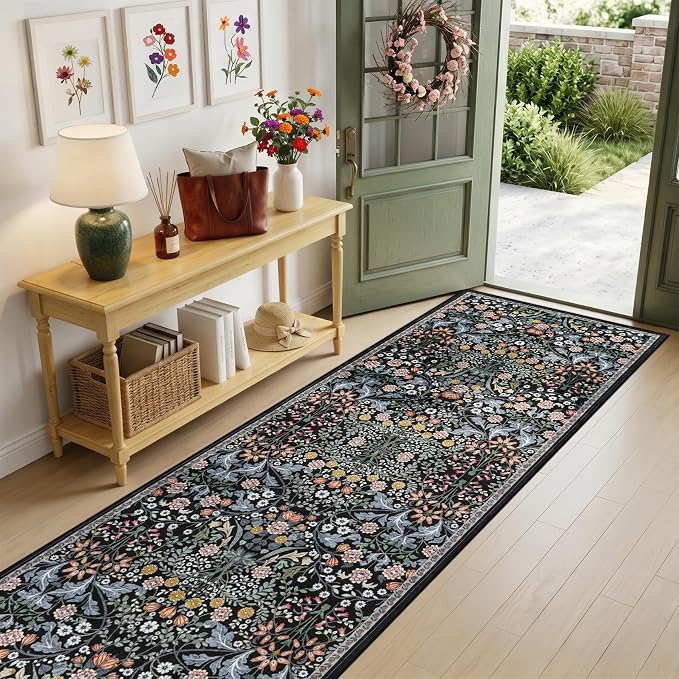 Runner Rug for Entryway: 2.6x10 Kitchen Rugs Non Slip Washable Ultra-Thin Soft Floral Carpet Indoor Floor Stain Resistant Carpets for Hallway Bedroom Kitchen Laundry Bathroom Dorm Dark Black