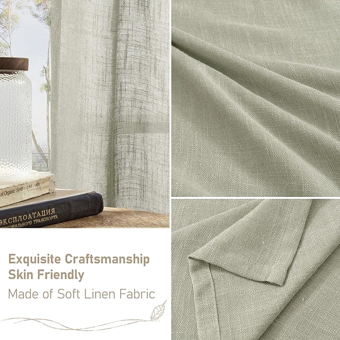 LAMIT Linen Semi Sheer Curtains 96 inches Long 2 Panels Set, Light Filtering Panels Back Tab and Rod Pocket Floor to Ceiling Curtains for Bedroom/Living Room, Sage Grey, 52 x 96 Inch