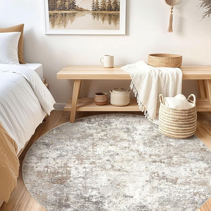 UERMEI 6ft Round Area Rug Living Room Rugs - 6x6 Washable Neutral Modern Abstract Soft Thin Rug Indoor Floor No Slip Rug Carpet for Bedroom Under Dining Table Home Office Decor - Brown Grey