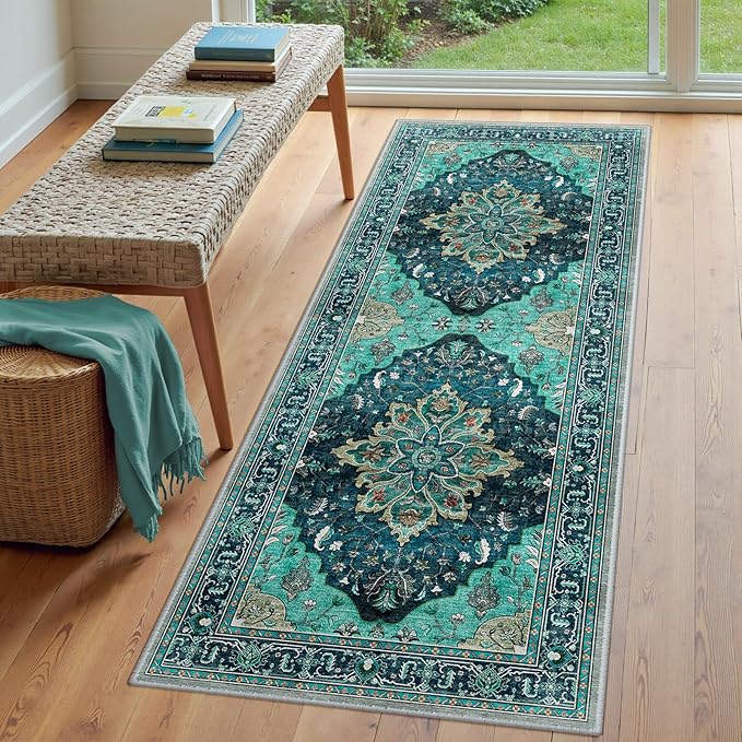 RELEANY Area Rugs 3'x6' Runner Rug Non Slip Washable for Kitchen Hallway Bedroom Beside Laundry Room Bathroom Rug, Floor Carpet, Teal Green Lake Blue Turquoise