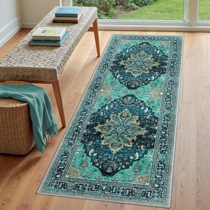 RELEANY Area Rugs Runner 3'x6' Washable Non-Slip, Floral Vintage Distress Medallion Carpet for Kitchen Hallway Bedroom Beside Laundry Room Bathroom, Teal Green Lake Blue Turquoise