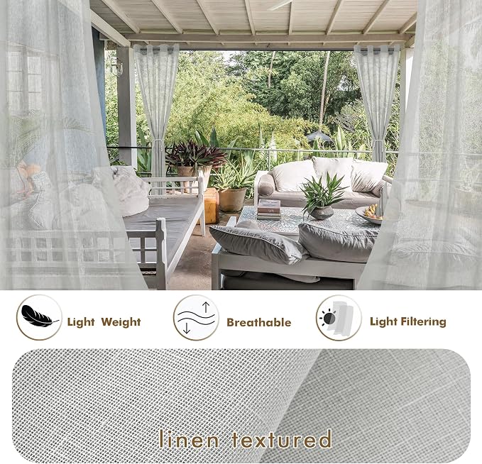 HolidayIdeas 4 Panels Outdoor Grey Sheer Curtains for Patio Waterproof 110x95 Inch-Extra Wide Voile Outside Curtains Light Filtering Grommet Drapes for Gazebo, Front Porch, Patio, Pool