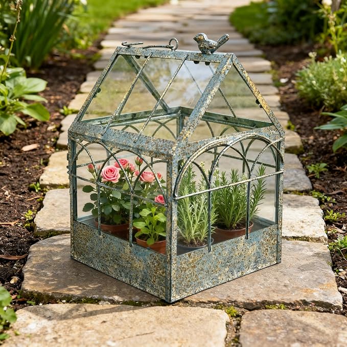 Large House Shape Glass Terrarium with Lid, Geometric Greenhouse - Style Planter for Ferns, Succulents, Air Plants, Handmade Indoor Tabletop Decor (Terrarium Only)
