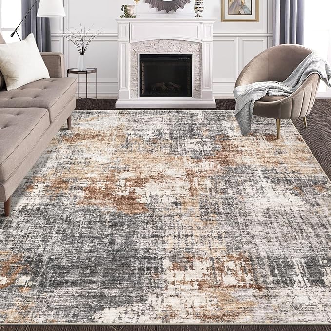 Area Rug Living Room Rugs - 5x7 Washable Large Soft Indoor Neutral Modern Abstract Low Pile Rug Carpet for Bedroom Dining Room Farmhouse Home Office - Grey Brown