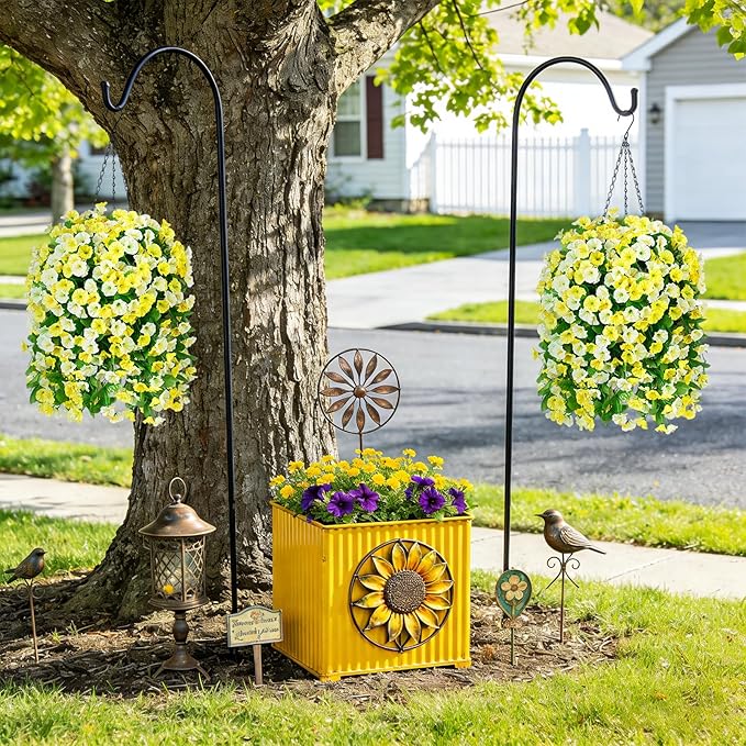 INXUGAO Artificial Flowers with Hanging Basket, Outdoor Faux Plants Silk Morning Glory Vines, Fake Green Arrangement for Garden Patio Spring Summer Decor(4pcs,Yellow White)