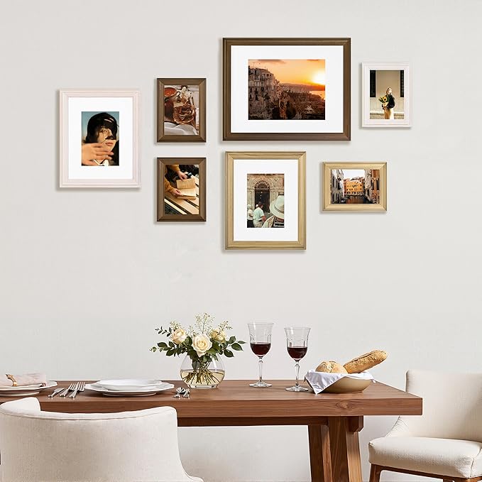 eletecpro Gallery Wall Frame Set of 7, Multiple Sizes Solid Wood Picture Frames Collage Wall Decor Including 1Pc 11x14, 2Pcs 8x10, 4Pcs 5x7 Photo Frames, Natural, White, Brown