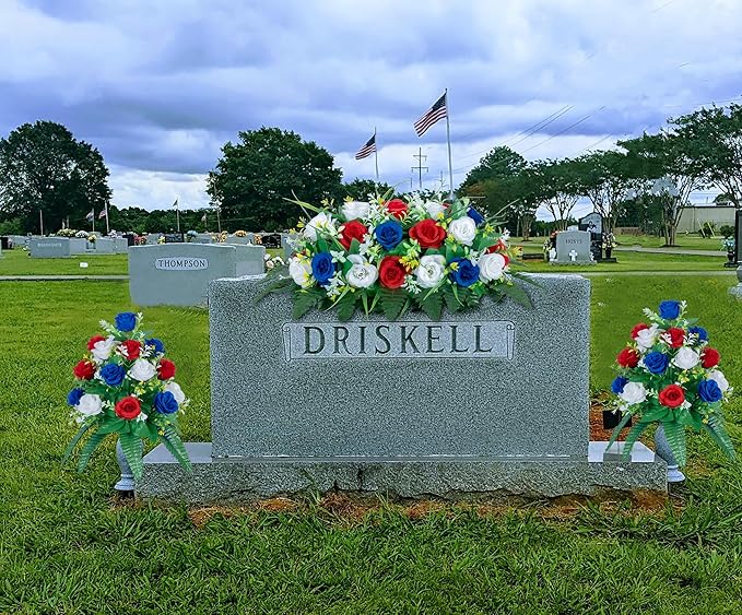 DONODA Cemetery Tombstone Flower Saddle - Outdoor Grave Decorations - Non-Bleed Colors, Rose Combination Flower. (Red, Blue, and White Saddle)
