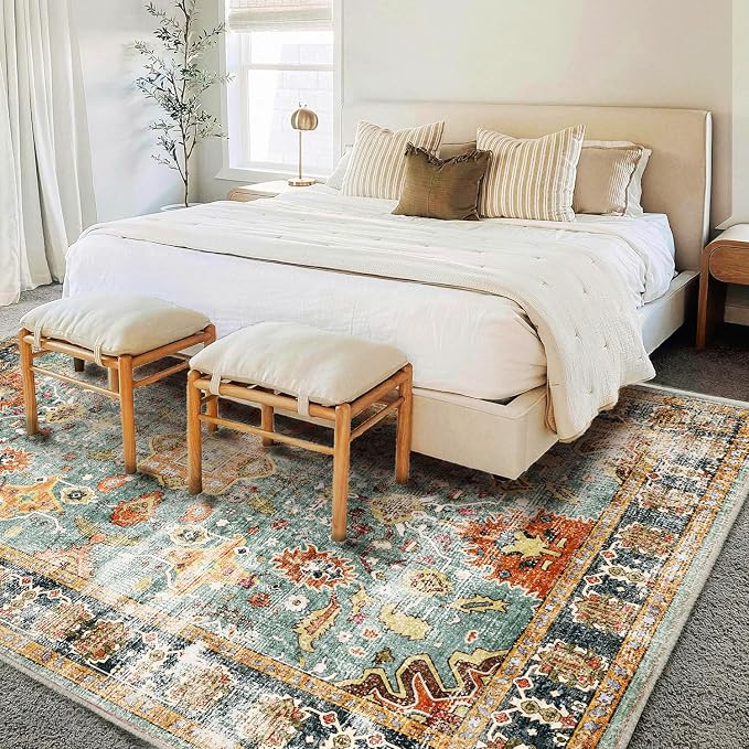 CHAMPLANT Area Rug 10'x14' Washable Vintage Traditional Mat Distressed Indoor Foldable Thin Retro Accent Floral Print Non Slip Carpet for Living Room Dining Room Office