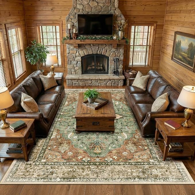 RELEANY Area Rugs 9'x12' Washable Non-Slip, Floral Vintage Distress Print Pattern Medallion Carpet for Living Room Bedroom Dining Room, Brick Red Rust Neutral Brown Burnt Orange Green
