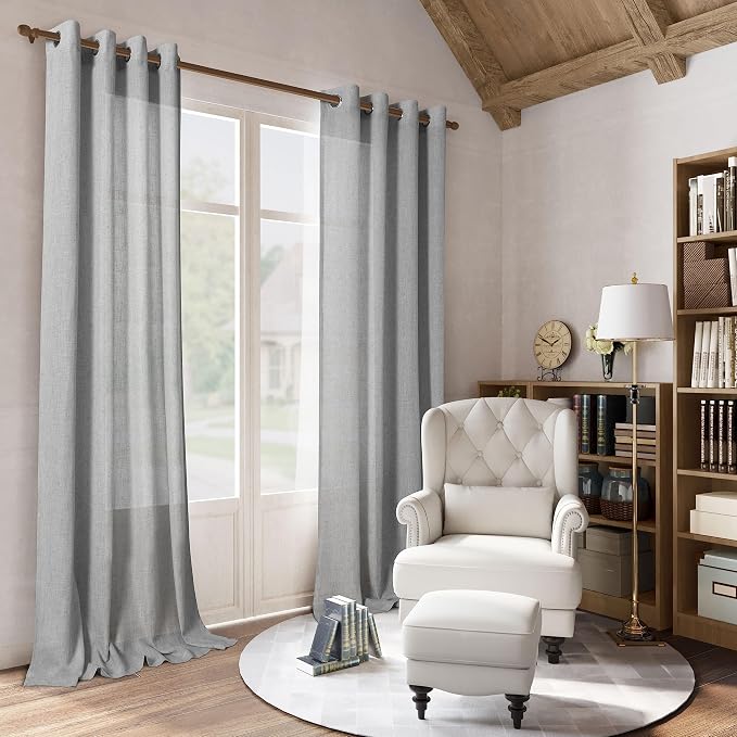 Grommet Linen Curtains 96 Inches Long 2 Panel Set for Living Room Cotton Light Filtering Drapes Semi Sheer Neutral Modern Light Grey Gray Window Curtain for Bedroom Patio Sliding Door 8 Ft Tall
