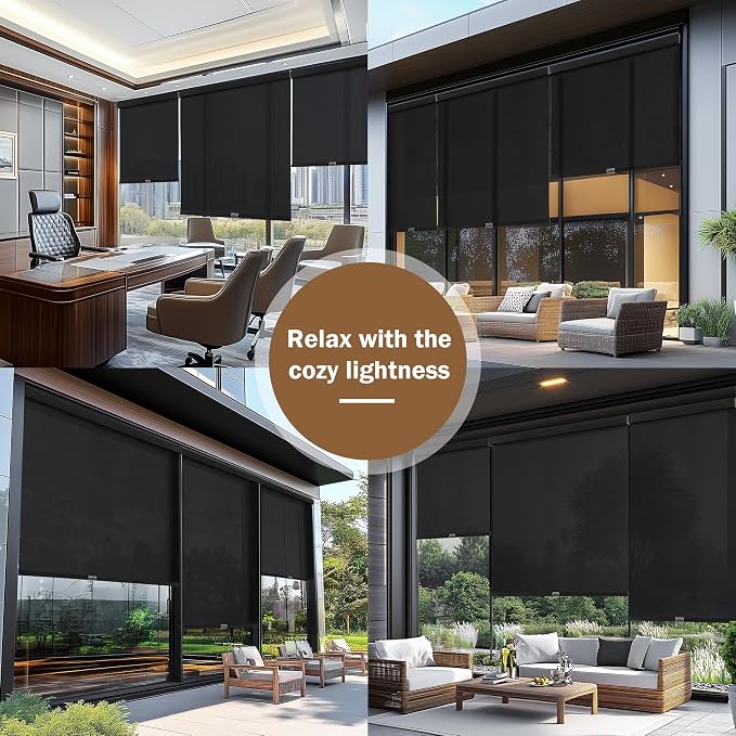AOSKY Light Filtering Roller Shades Cordless Blinds for Windows, 1% Openness Free-Stop Shades with Valance, Thermal Insulated Fabric, UV Protection, Natural Woven Blinds（42" W x 72" H, Black）