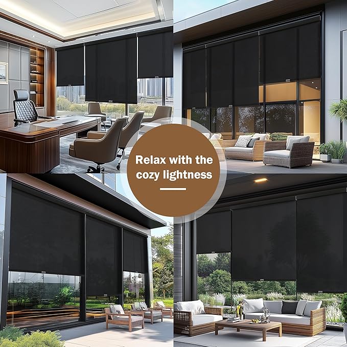 AOSKY Light Filtering Roller Shades Cordless Blinds for Windows, 1% Openness Free-Stop Shades with Valance, Thermal Insulated Fabric, UV Protection, Natural Woven Blinds（20" W x 72" H, Black）