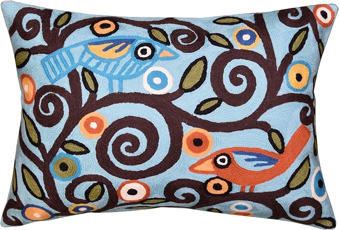 Lumbar Cushion Cover Hand Embroidered Wool 13x21 (Blue Birds Lumbar Pillow Cover)