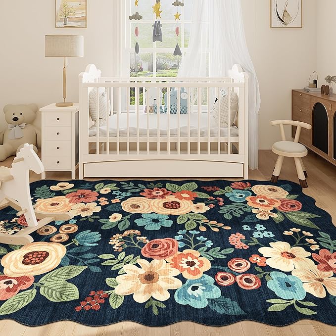 DUKINO 4x6 Area Rug, Floral Non-Slip Indoor Washable Rug with Low Pile & Non-Shedding, Lightwight Boho Design Carpet for Entryway, Bedroom, Kids Room, Living Room, Kitchen, Navy Blue