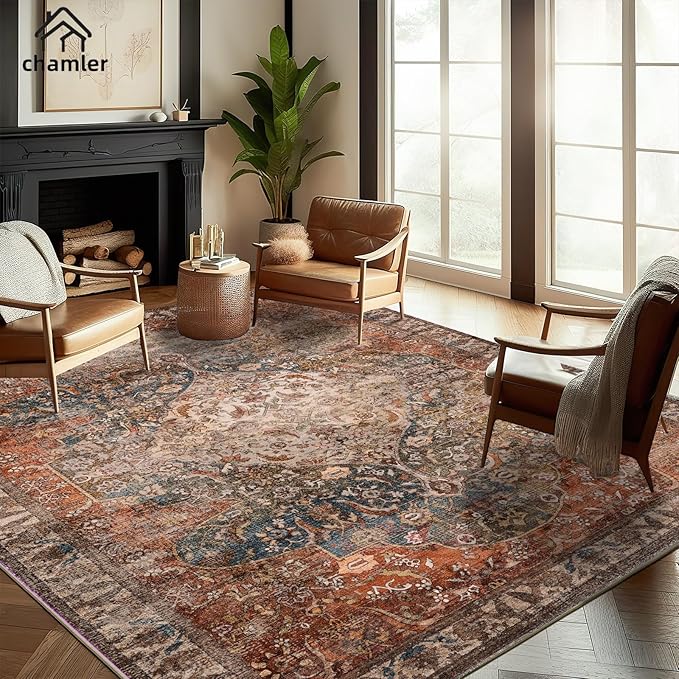 chamler 9x12 Washable Area Rug Boho Chic Medallion Distressed Design Non-Shedding Easy Care Ideal for High Traffic Areas in Rug for Living Room Bedroom Office Coffee Table Large Carpet