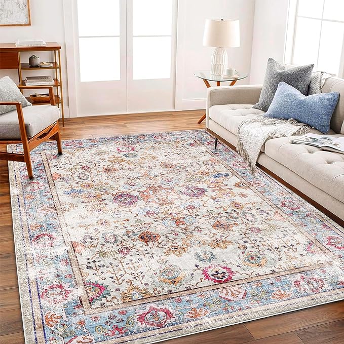 CHAMPLANT 5'x7' Washable Vintage Area Rug Traditional Floor Cover Foldable Kitchen Accent Thin Rug Indoor Distressed Non Slip Carpet Floral Print Mat Bedroom Living Room Bathroom
