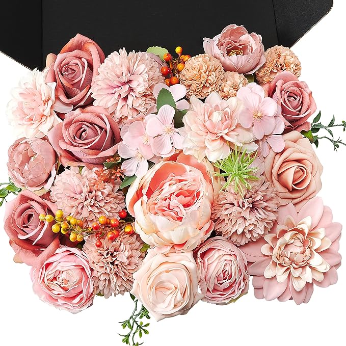 Artificial Flowers Combo Box, 30PCS Fake Flowers, Silk Flower Mix with Wire Stem, DIY Wedding Bridal Bouquet for Arrangement, Shower Party Home Décor, Blush Pink & Rose Mix