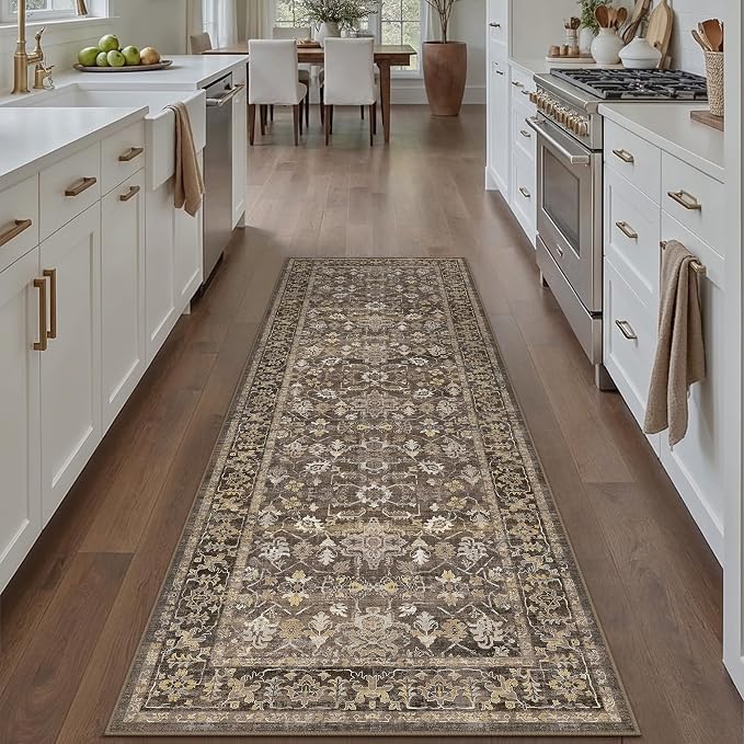 2x6 Brown Washable Vintage Runner Rug for Living Room Soft Floral Non Slip Runner Area Rug Modern Low Pile Stain Resistance Carpet Doormat Hallway Kitchen Stair Bedroom Bathroom