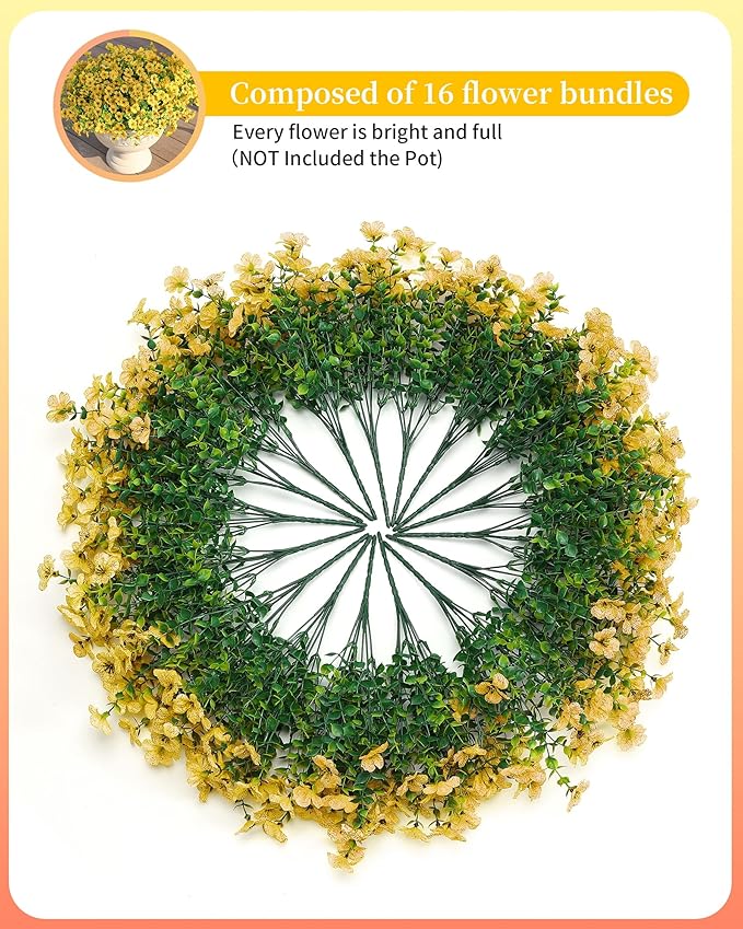 Artificial Flowers for Outdoor Decor, 16 Pack UV-Resistant Fake Yellow Silk Daisy Flowers, Perfect for Spring & Summer Decorating – Front Porch, Patio, Window Boxes, and Potted Plants