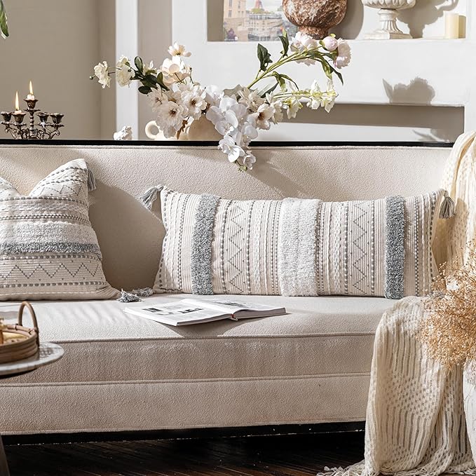 BlissBlush 14x36 Lumbar Pillow Cover for Bed, Rectangular Long Decorative Throw Pillowcase, Boho Accent Cushion with Gray Tufted Pattern and Tassels, Cream Neutral (Cover Only)