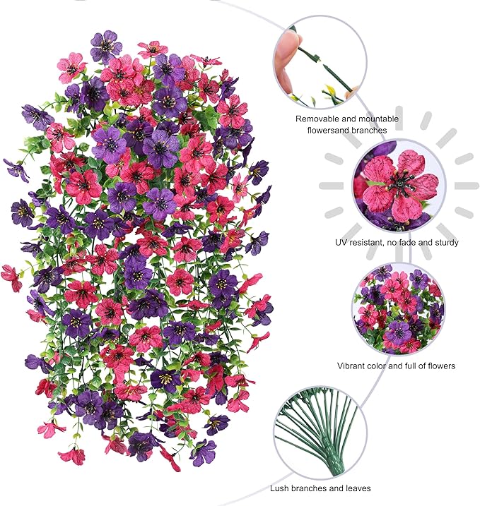 HyeFlora Artificial Flowers for Outdoors Decoration, 2Pcs Fake Hanging Spring Summer Decor, Purple and Hotpink Realistic Plants, UV & Fading Resistant Silk Flower for Porch Patio Balcony Planter Yard