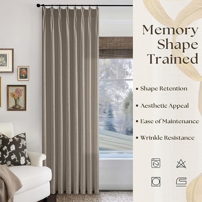 Pinch Pleated Linen 96 Inch Curtains 50 Inch Width for Living Room Divider Light Filtering Thick Taupe Linen Extra Wide Patio Curtains for Sliding Door Balcony Floor to Ceiling Window 1 Panel