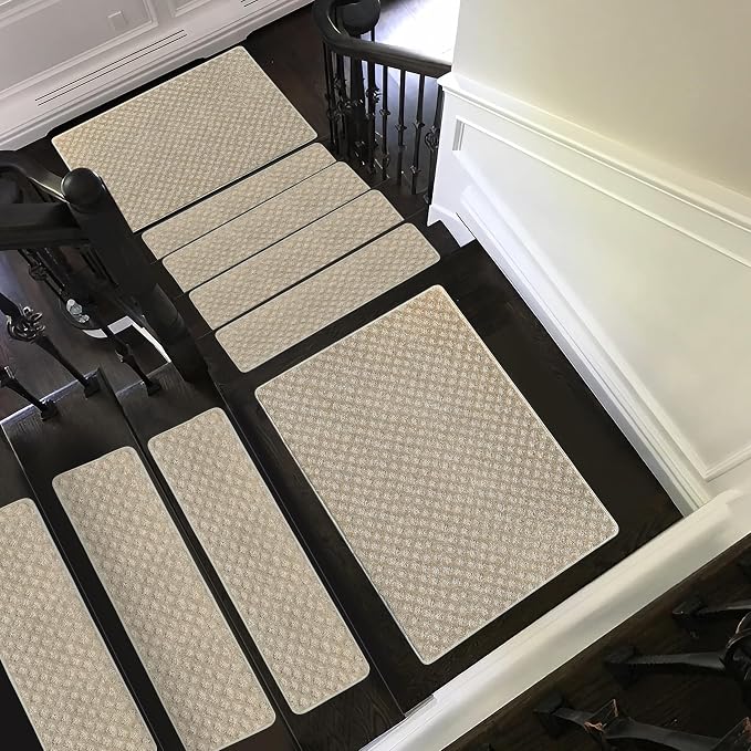 PURE ERA Carpet Stair Treads Tape Free Non Slip Indoor Stair Carpet Stair Protectors Pet-Friendly Non-Slip Skid Resistant Washable Reusable 8" x 30"(7 Pieces,Cream Gray Mini-Diamond Trellis)
